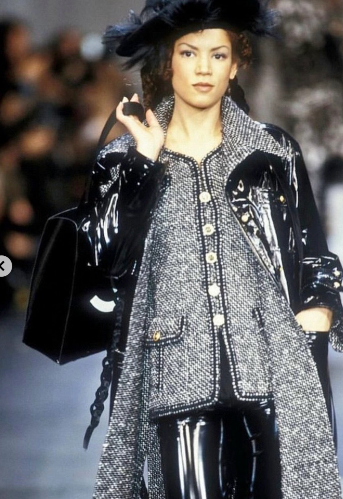 CHANEL Coat 93A Vintage Black Ivory CC Gold Button Cotton Wool 34 | HK