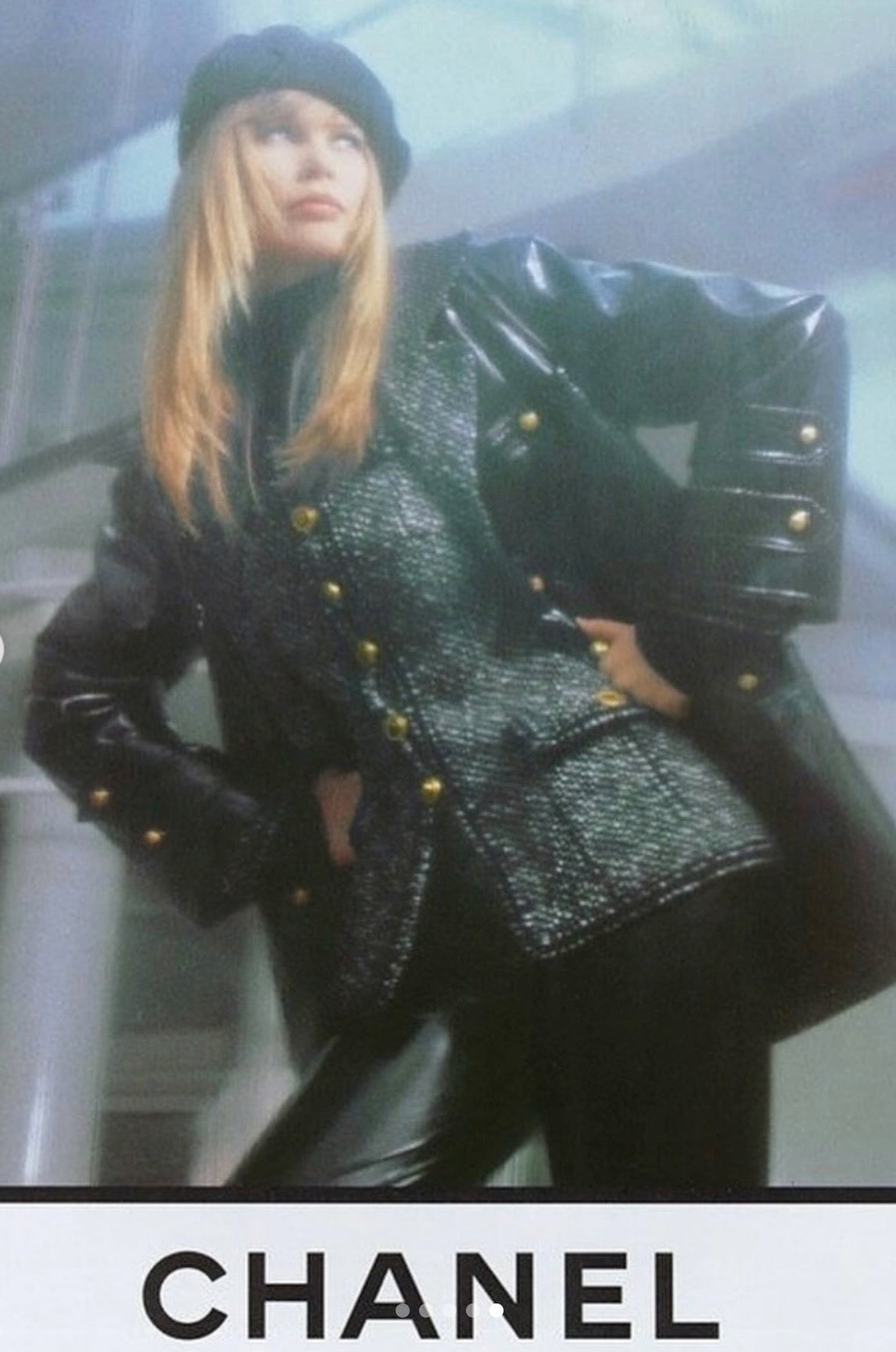 CHANEL Coat 93A Vintage Black Ivory CC Gold Button Cotton Wool 34 | HK