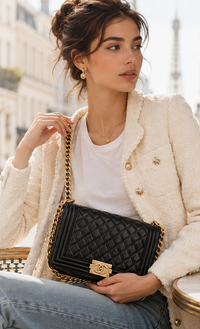 CHANEL BOY Chanel Black Gold Chain Shoulder Bag 25 シャネル ボーイ シャネル25 レザー チェーン ショルダー バッグ ブラック ゴールド金具 23番台 即発