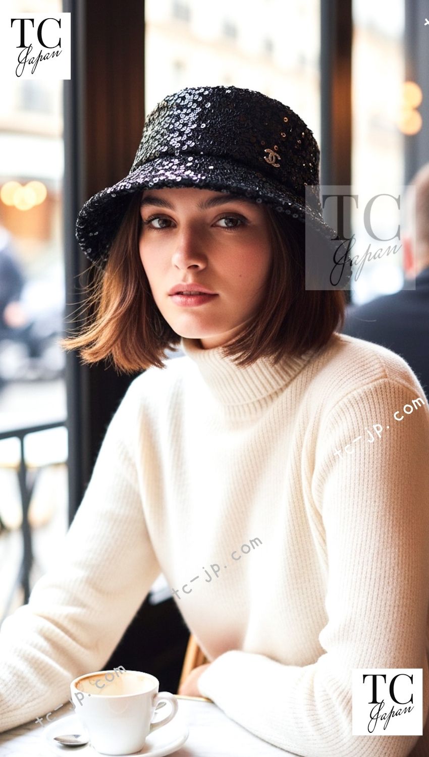 CHANEL Black hat Women COCO Mark logo sequin design シャネル ブラック ハット レディース ココマーク ロゴスパンコールデザイン