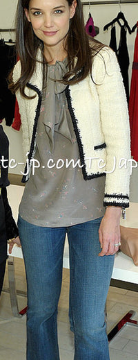 CHANEL 06PF Black Ivory Trim Boucle Wool Tweed Jacket Skirt Suit 38 シャネル ブラック アイボリー トリミング ブークレ ウール ツイード ジャケット スカート スーツ 即発