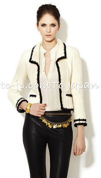 CHANEL 06PF Black Ivory Trim Boucle Wool Tweed Jacket Skirt Suit 38 シャネル ブラック アイボリー トリミング ブークレ ウール ツイード ジャケット スカート スーツ 即発