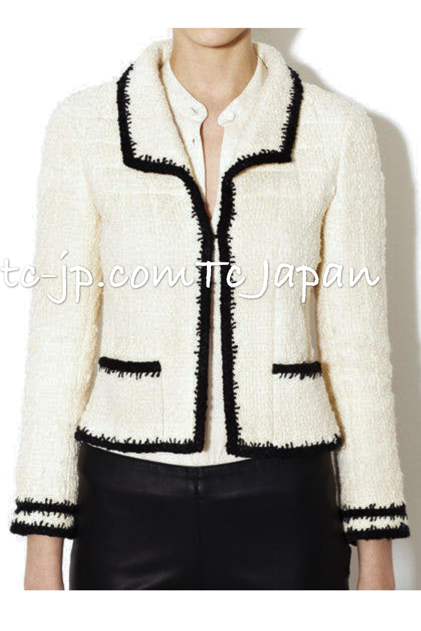 CHANEL 06PF Black Ivory Trim Boucle Wool Tweed Jacket Skirt Suit 38 シャネル ブラック アイボリー トリミング ブークレ ウール ツイード ジャケット スカート スーツ 即発