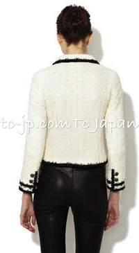 CHANEL 06PF Black Ivory Trim Boucle Wool Tweed Jacket Skirt Suit 38 シャネル ブラック アイボリー トリミング ブークレ ウール ツイード ジャケット スカート スーツ 即発