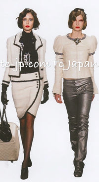 CHANEL 06PF Black Ivory Trim Boucle Wool Tweed Jacket Skirt Suit 38 シャネル ブラック アイボリー トリミング ブークレ ウール ツイード ジャケット スカート スーツ 即発