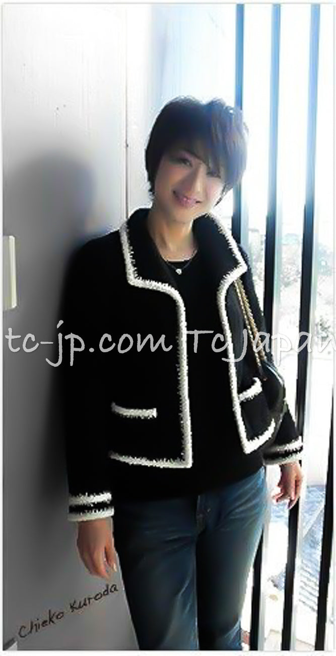 CHANEL 06PF Black Ivory Trim Boucle Wool Tweed Jacket Skirt Suit 38 シャネル ブラック アイボリー トリミング ブークレ ウール ツイード ジャケット スカート スーツ 即発