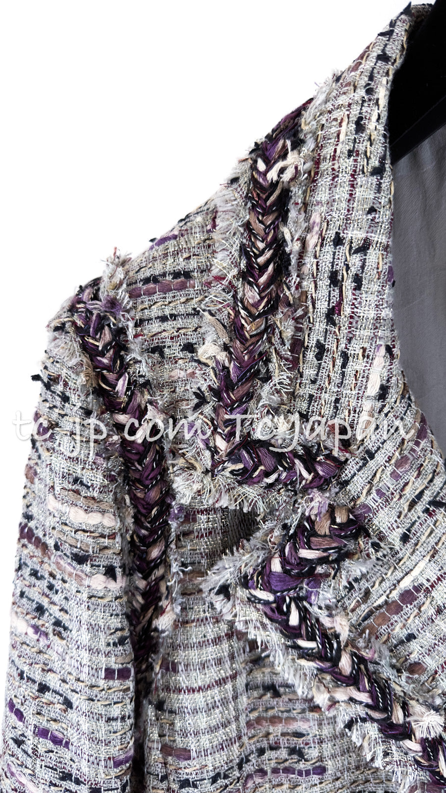 CHANEL 08S Gray Purple Braid Trim Lesage Tweed Jacket 38 シャネル グレー パープル ブレイド トリム CC握手ボタン ルサージュ ツイード ジャケット 即発