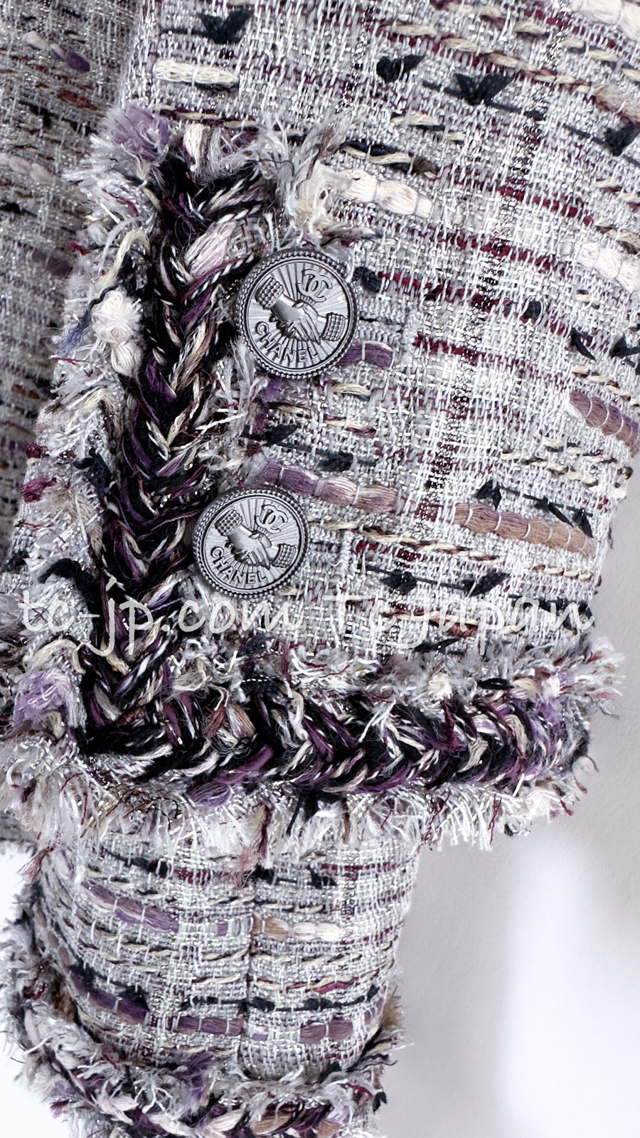 CHANEL 08S Gray Purple Braid Trim Lesage Tweed Jacket 38 シャネル グレー パープル ブレイド トリム CC握手ボタン ルサージュ ツイード ジャケット 即発