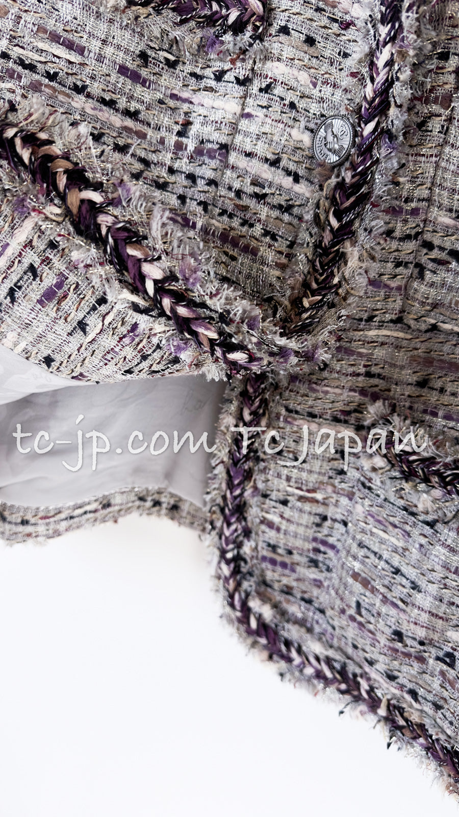 CHANEL 08S Gray Purple Braid Trim Lesage Tweed Jacket 38 シャネル グレー パープル ブレイド トリム CC握手ボタン ルサージュ ツイード ジャケット 即発