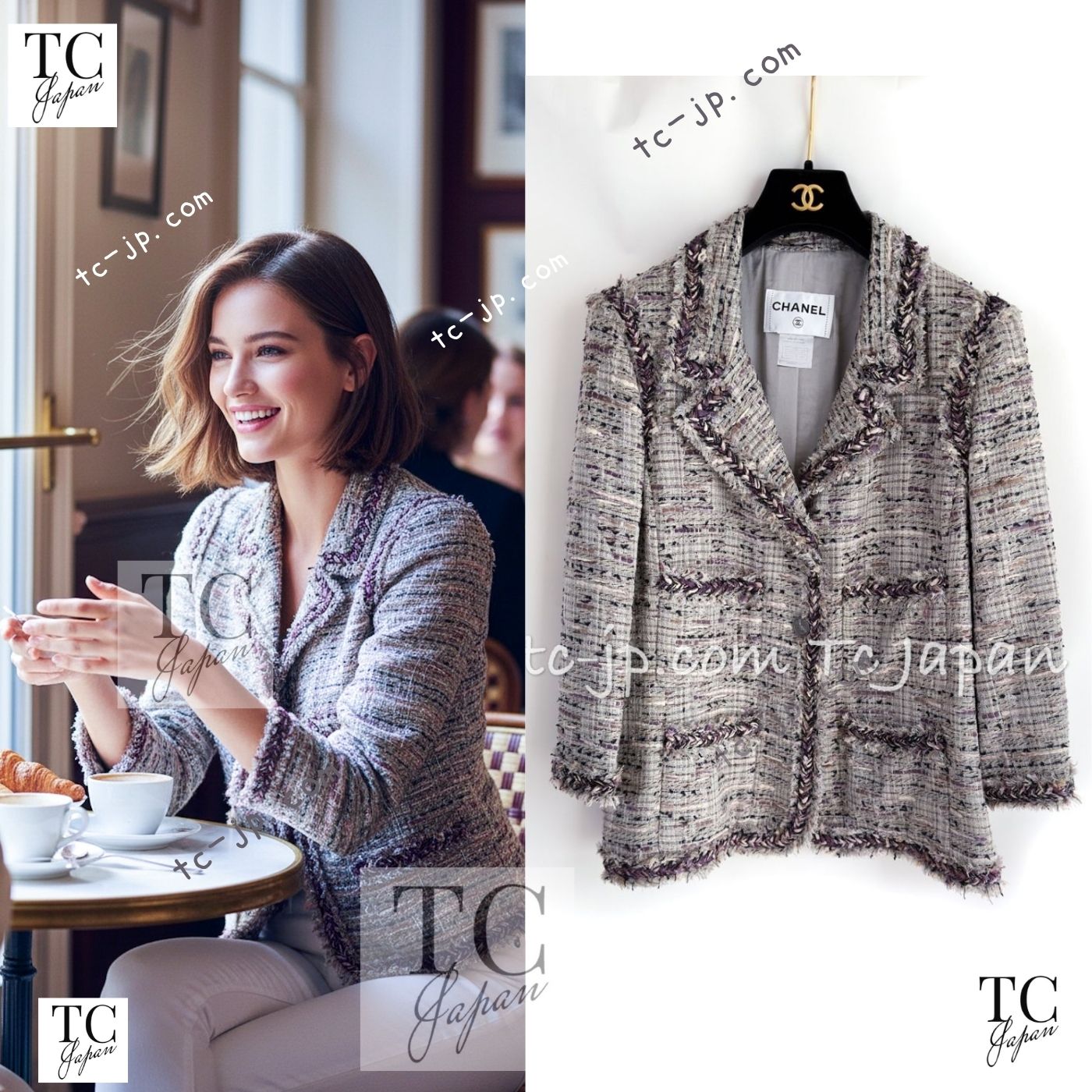 CHANEL 08S Gray Purple Braid Trim Lesage Tweed Jacket 38 シャネル グレー パープル ブレイド トリム CC握手ボタン ルサージュ ツイード ジャケット 即発