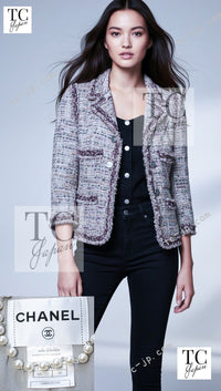 CHANEL 08S Gray Purple Braid Trim Lesage Tweed Jacket 38 シャネル グレー パープル ブレイド トリム CC握手ボタン ルサージュ ツイード ジャケット 即発