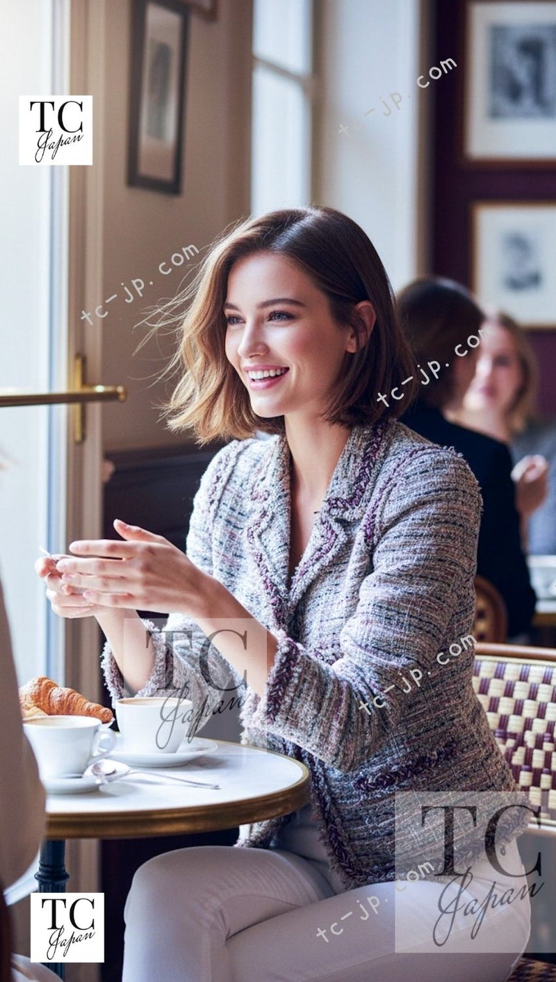 CHANEL 08S Gray Purple Braid Trim Lesage Tweed Jacket 38 シャネル グレー パープル ブレイド トリム CC握手ボタン ルサージュ ツイード ジャケット 即発