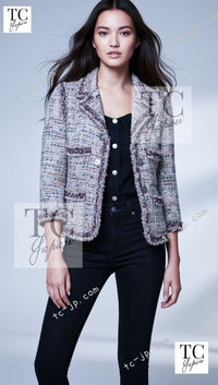CHANEL 08S Gray Purple Braid Trim Lesage Tweed Jacket 38 シャネル グレー パープル ブレイド トリム CC握手ボタン ルサージュ ツイード ジャケット 即発
