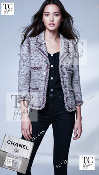 CHANEL 08S Gray Purple Braid Trim Lesage Tweed Jacket 38 シャネル グレー パープル ブレイド トリム CC握手ボタン ルサージュ ツイード ジャケット 即発