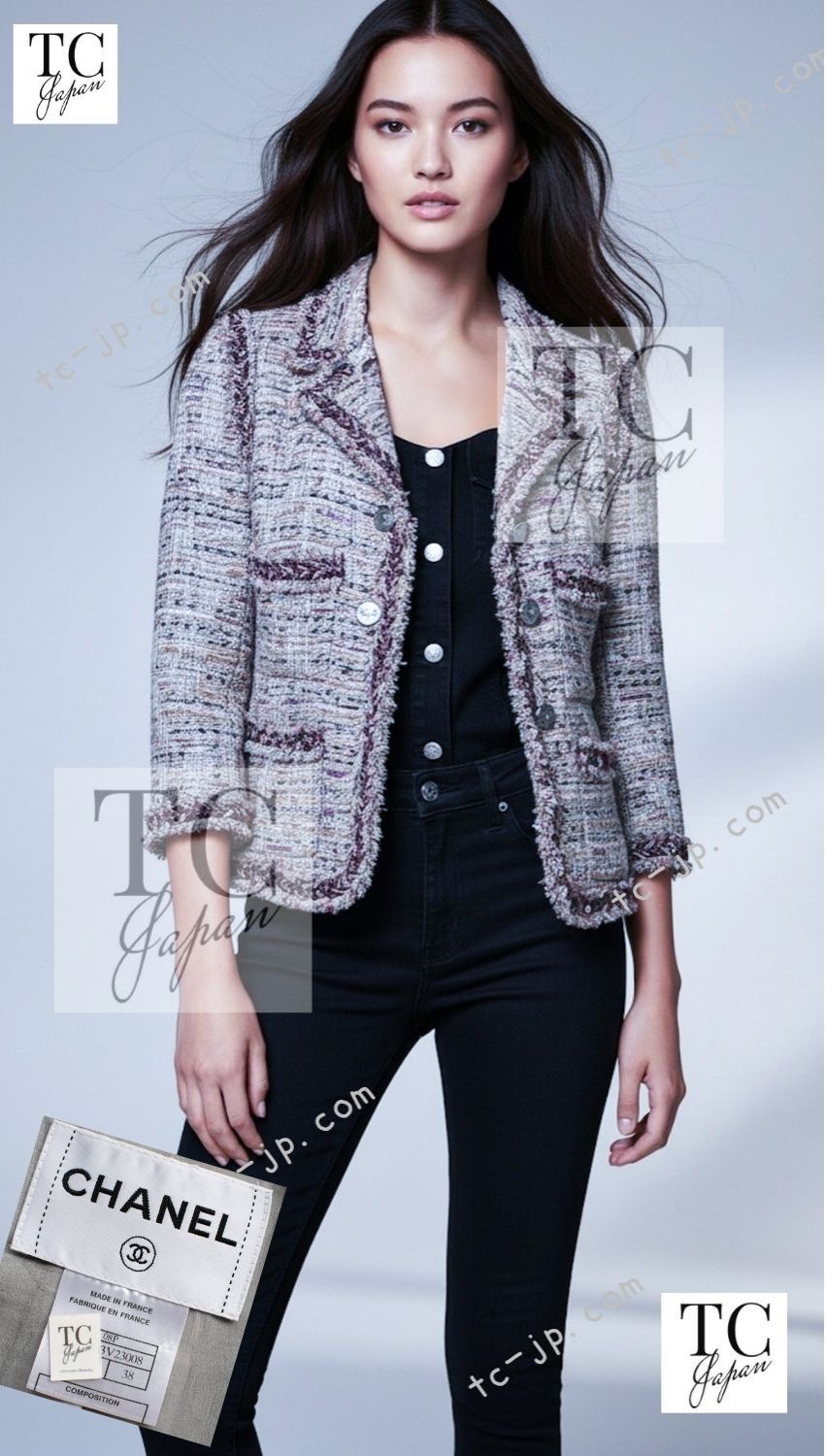 CHANEL 08S Gray Purple Braid Trim Lesage Tweed Jacket 38 シャネル グレー パープル ブレイド トリム CC握手ボタン ルサージュ ツイード ジャケット 即発