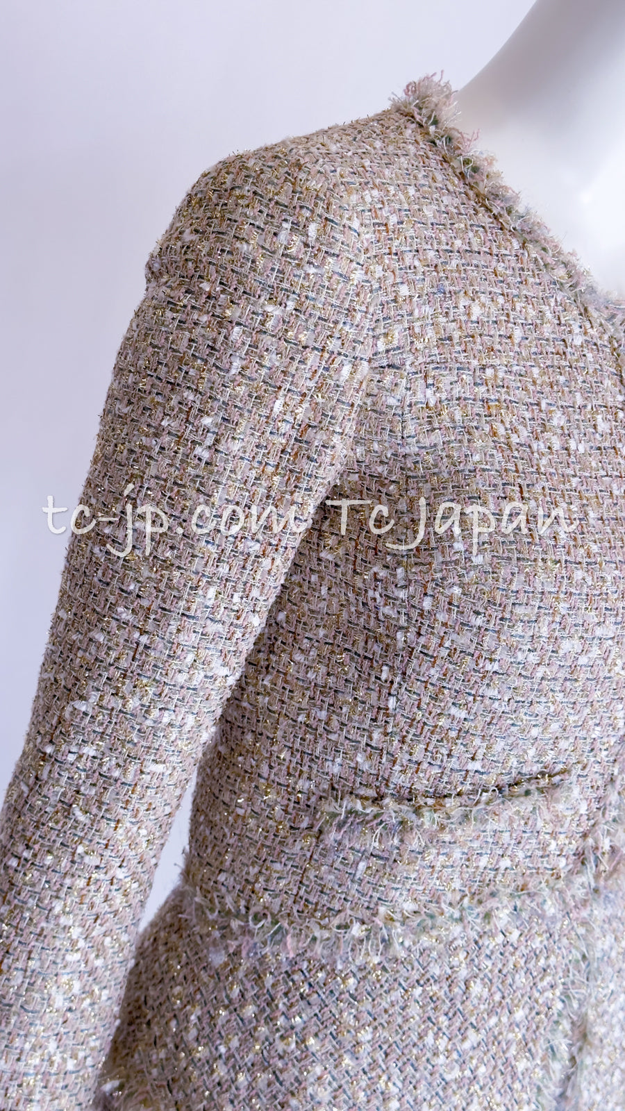 シャネル ジャケット スカート スーツ CHANEL 05S メタリック ベージュ ゴールド ツイード 38