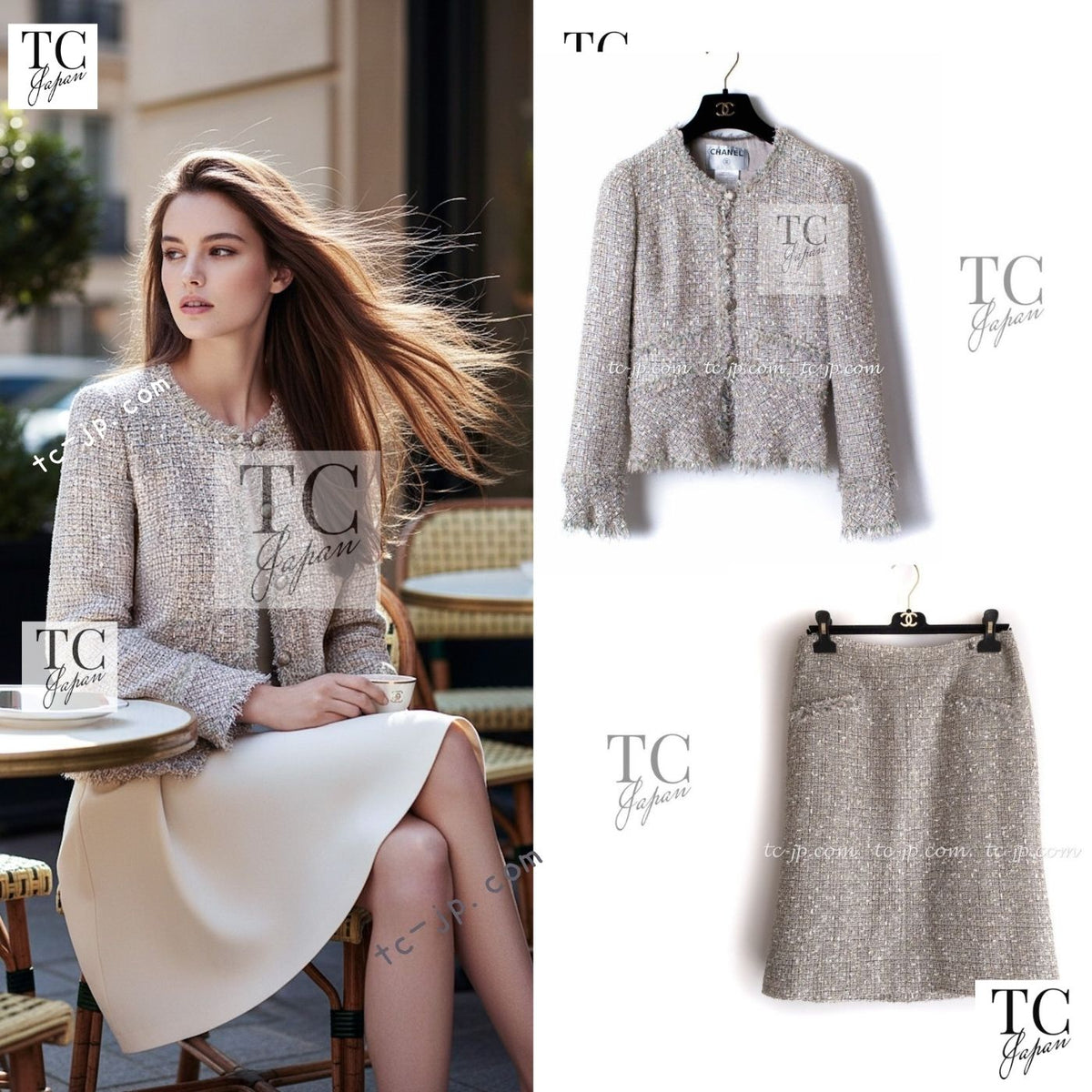 CHANEL 05S Metallic Beige Gold Tweed Jacket Skirt Suit 38 1