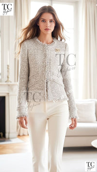 CHANEL 05S Metallic Beige Gold Tweed Jacket Skirt Suit 38 12