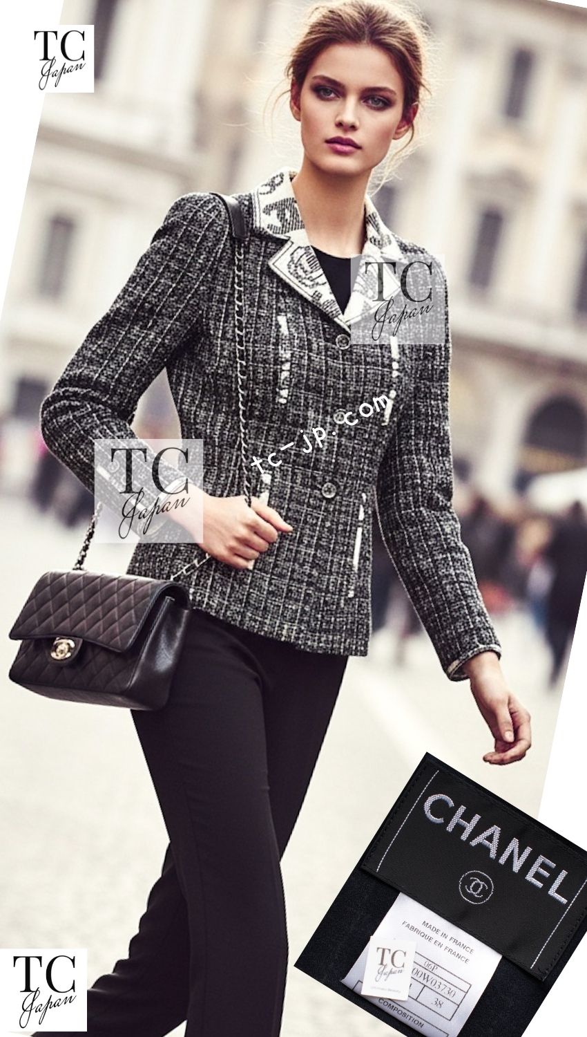 CHANEL 06S Gray Beige CC Logo Tweed Jacket Skirt Suit 38 シャネル CCロゴ グレー ベージュ ツイード ジャケット スカート スーツ 即発