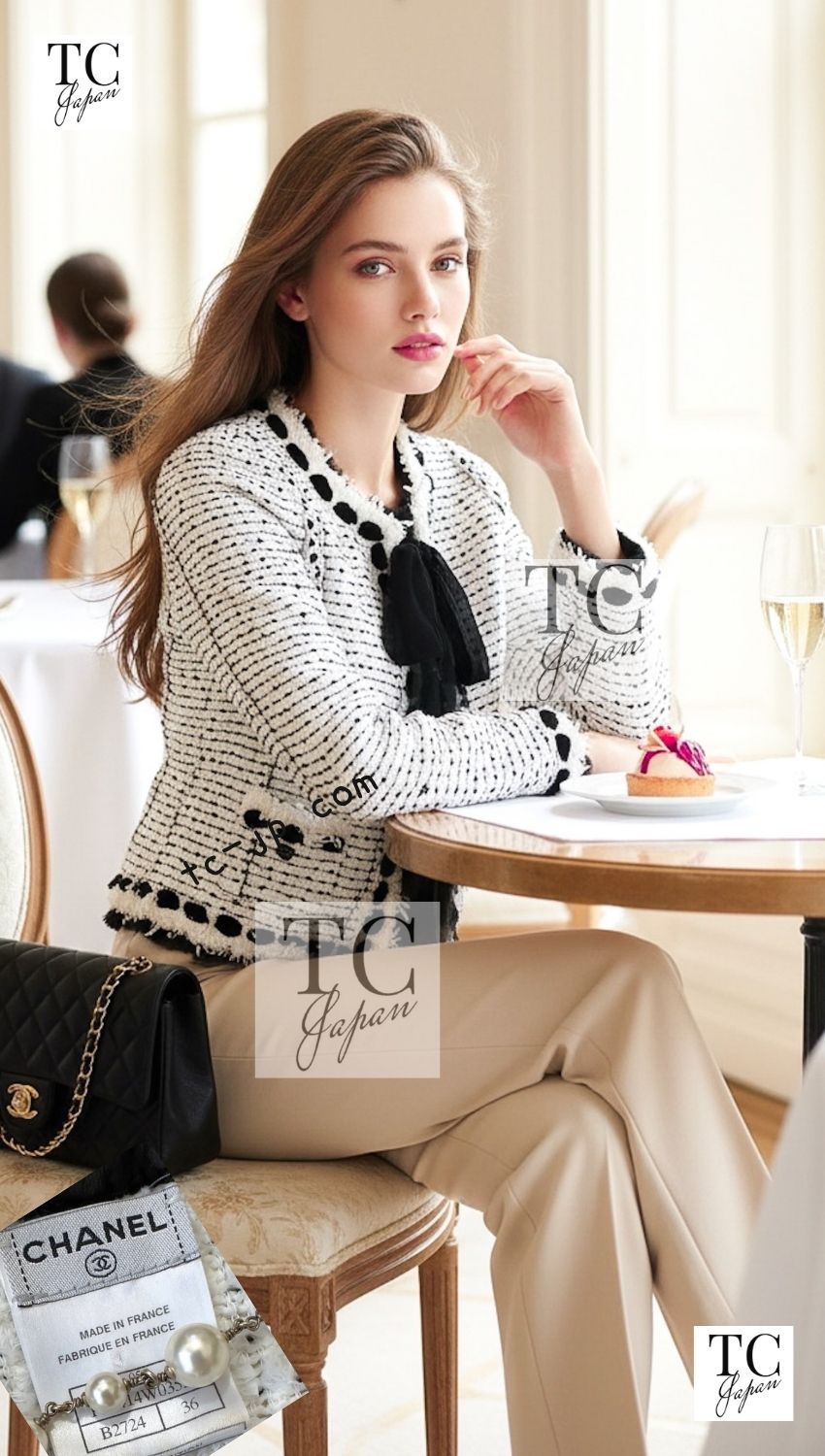 CHANEL 05S White Black Tweed Cardigan Jacket 34 36 シャネル ホワイト ブラック リボン ツイード カーディガン ジャケット 即発 - TC JAPAN