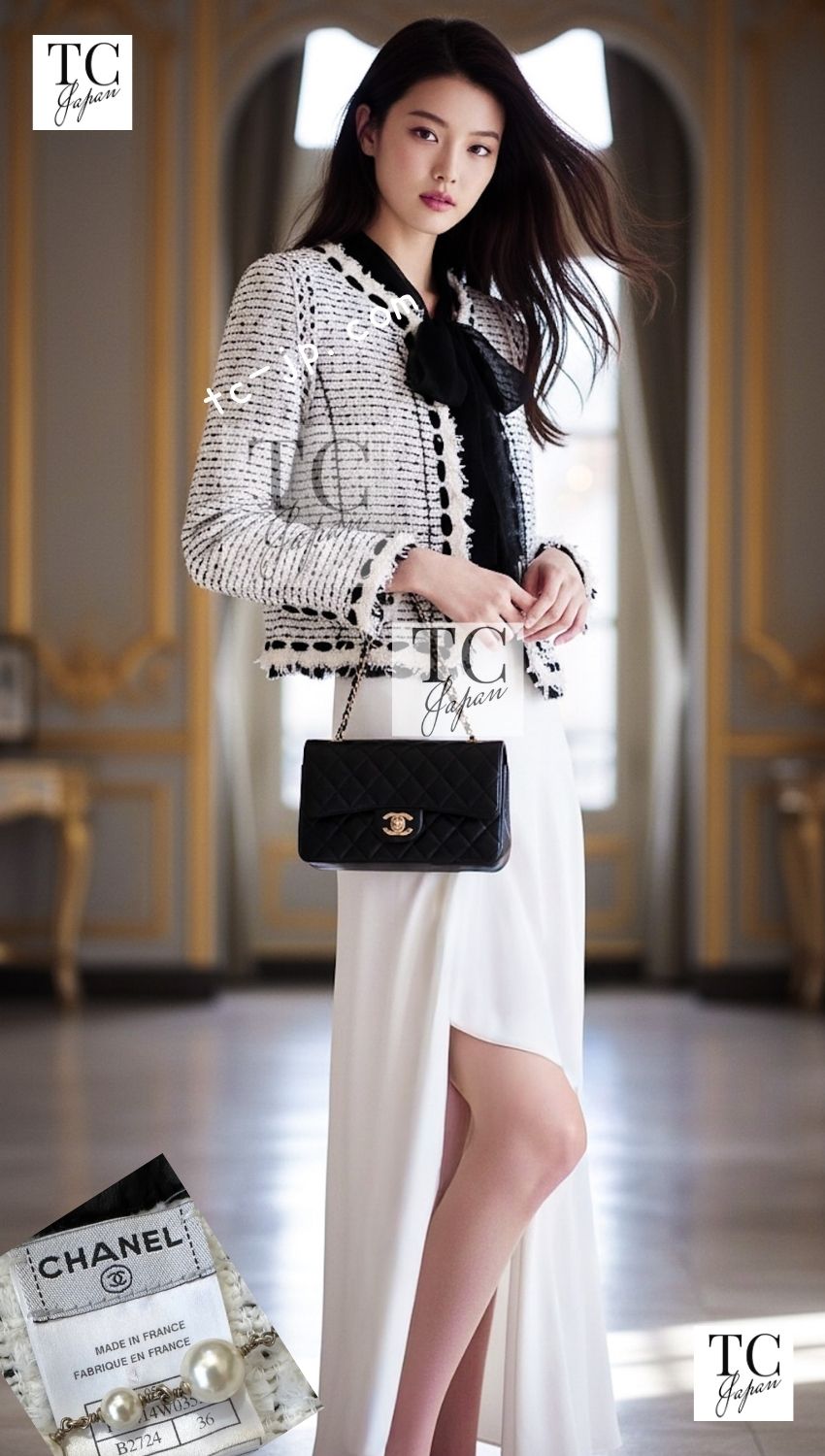 CHANEL 05S White Black Tweed Cardigan Jacket 34 36 シャネル ホワイト ブラック リボン ツイード カーディガン ジャケット 即発 - TC JAPAN