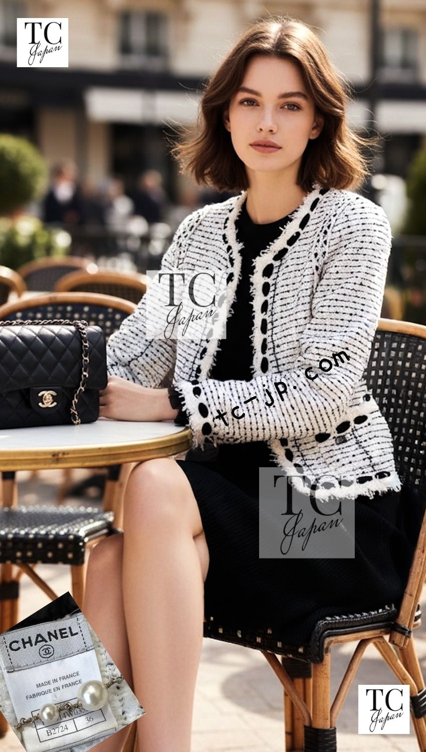 CHANEL 05S White Black Tweed Cardigan Jacket 34 36 シャネル ホワイト ブラック リボン ツイード カーディガン ジャケット 即発 - TC JAPAN