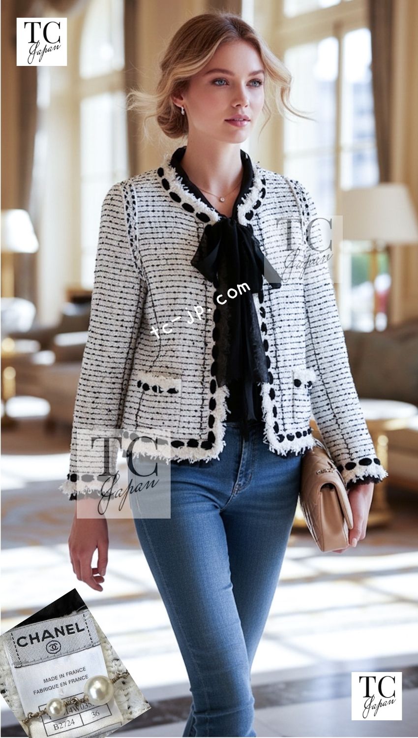 CHANEL 05S White Black Tweed Cardigan Jacket 34 36 シャネル ホワイト ブラック リボン ツイード カーディガン ジャケット 即発 - TC JAPAN