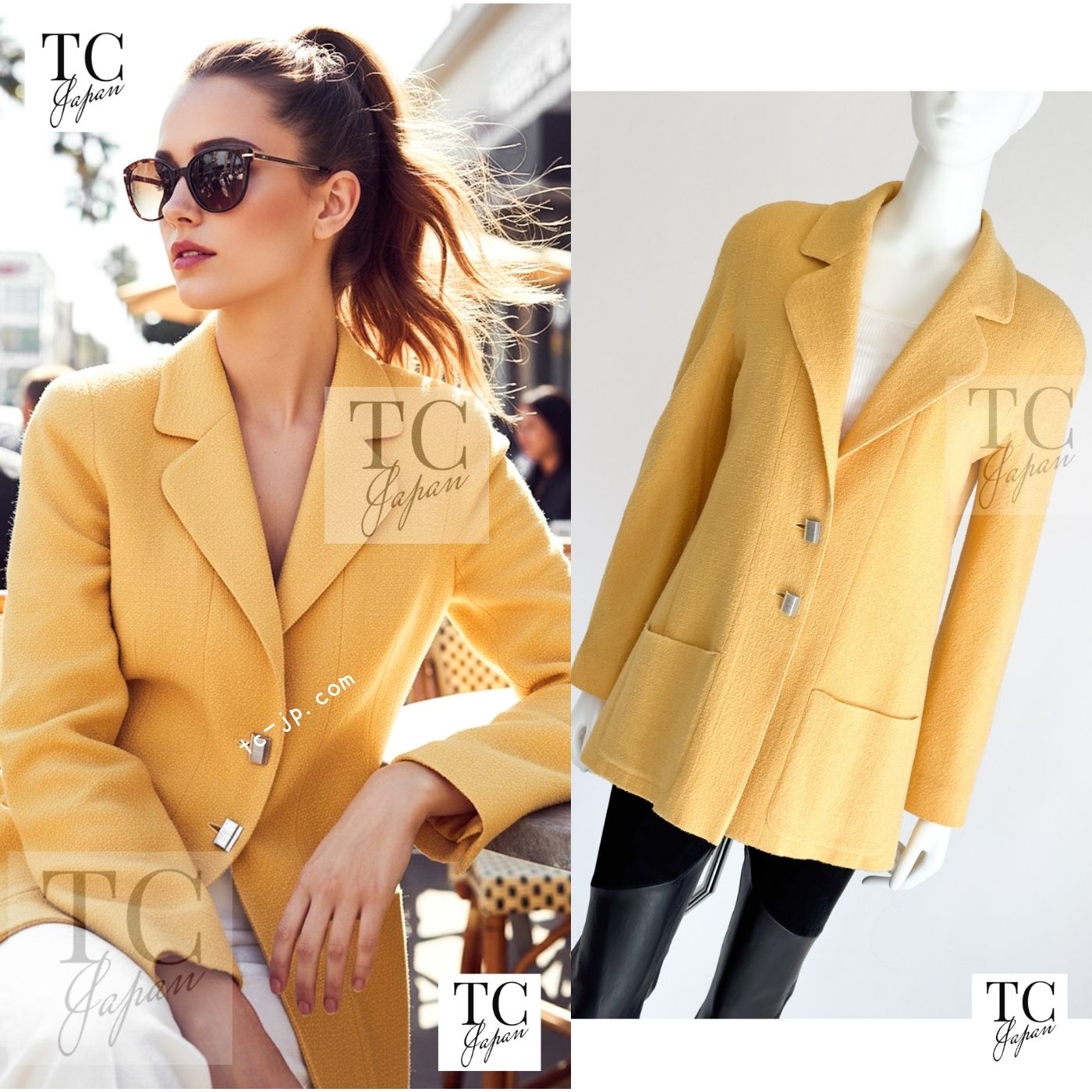 CHANEL 99C Soft Yellow CC Button Wool Tweed Jacket 38 40 シャネル ソフト イエロー CC ボタン ウール ツイード ジャケット 即発 - TC JAPAN