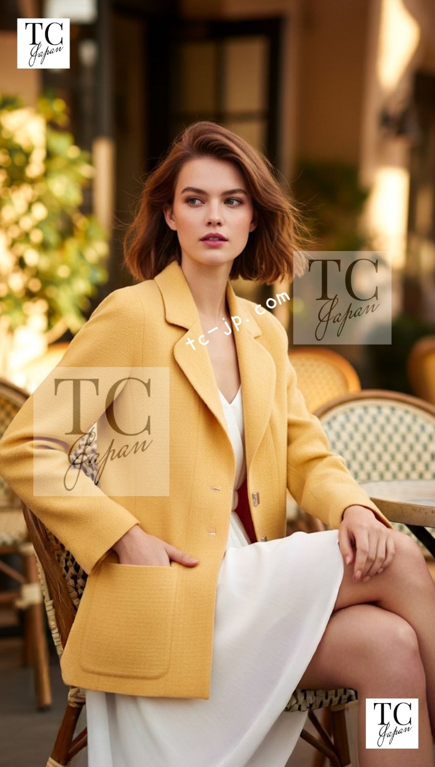 CHANEL 99C Soft Yellow CC Button Wool Tweed Jacket 38 40 シャネル ソフト イエロー CC ボタン ウール ツイード ジャケット 即発 - TC JAPAN