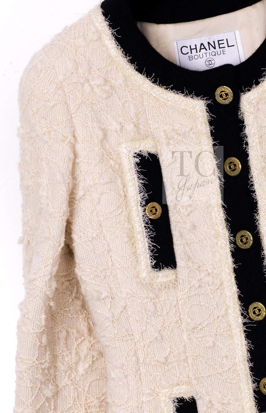 CHANEL 94A Vintage Rare Collectible Creme Ivory Black Trim Jacket 34 36 シャネル ヴィンテージ スーパーモデル ブークレ クリーム アイボリー ブラック トリム ジャケット 即発