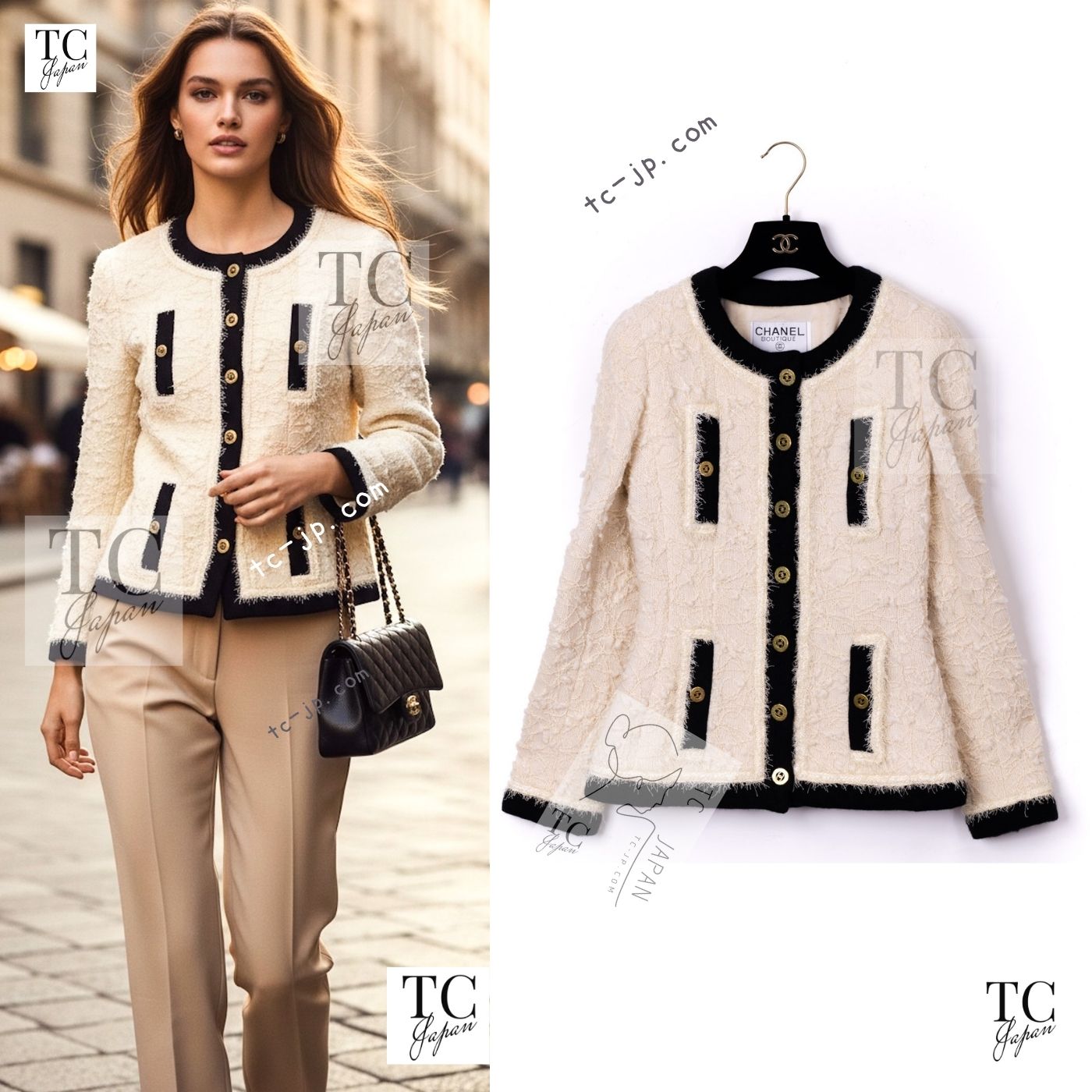 CHANEL 94A Vintage Rare Collectible Creme Ivory Black Trim Jacket 34 36 シャネル ヴィンテージ スーパーモデル ブークレ クリーム アイボリー ブラック トリム ジャケット 即発