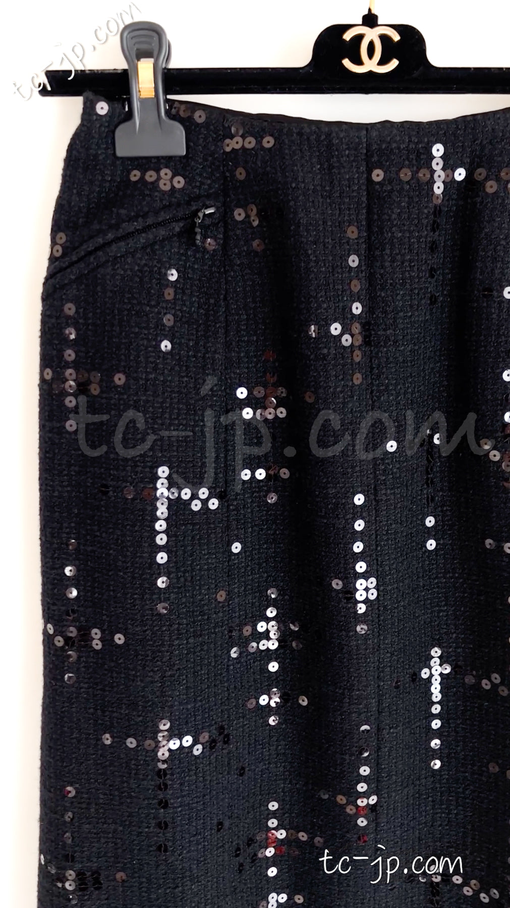 シャネル スカート CHANEL 02A ブラック ルサージュ スパンコール コットン ウール 34