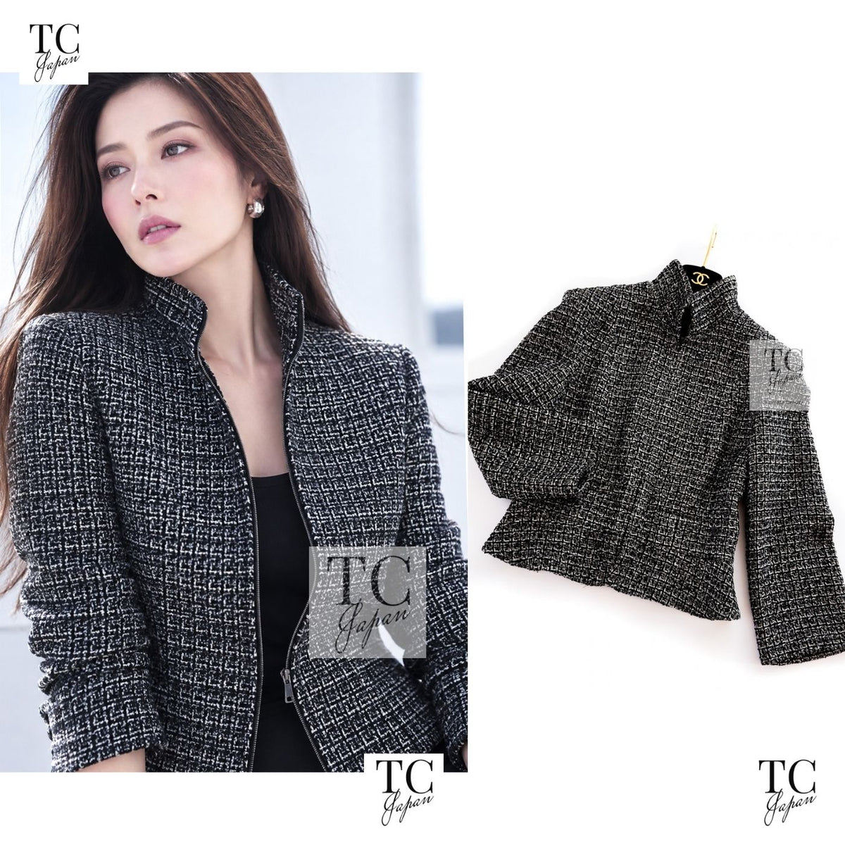 CHANEL 12A Black Gray Silver Gold Metallic Zipper Tweed Jacket 36 38 1