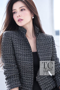 CHANEL 12A Black Gray Silver Gold Metallic Zipper Tweed Jacket 36 38 14