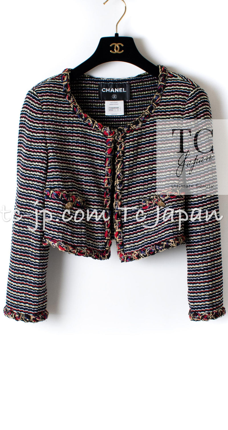 CHANEL 11C Black Border Multi Color Cropped Jacket 34 シャネル ブラック マルチカラー ストライプ ボーダー クロップド ジャケット 即発