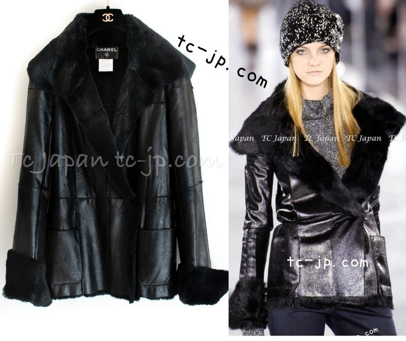 CHANEL 05A Black Rabbit Lapan Leather Jacket Coat 40 42 シャネル ブラック レザー ラビットファー ラパン ジャケット コート 即発