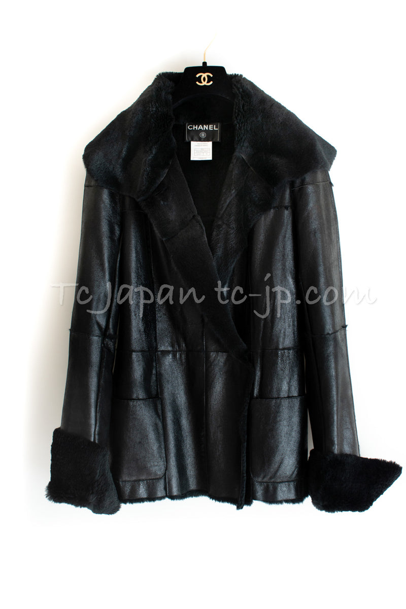 CHANEL 05A Black Rabbit Lapan Leather Jacket Coat 40 42 シャネル ブラック レザー ラビットファー ラパン ジャケット コート 即発