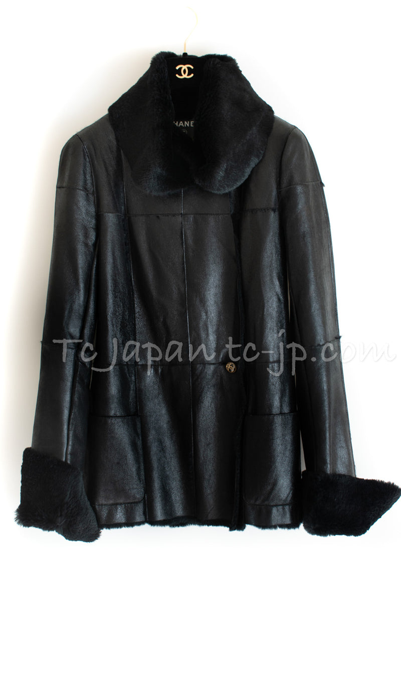 CHANEL 05A Black Rabbit Lapan Leather Jacket Coat 40 42 シャネル ブラック レザー ラビットファー ラパン ジャケット コート 即発