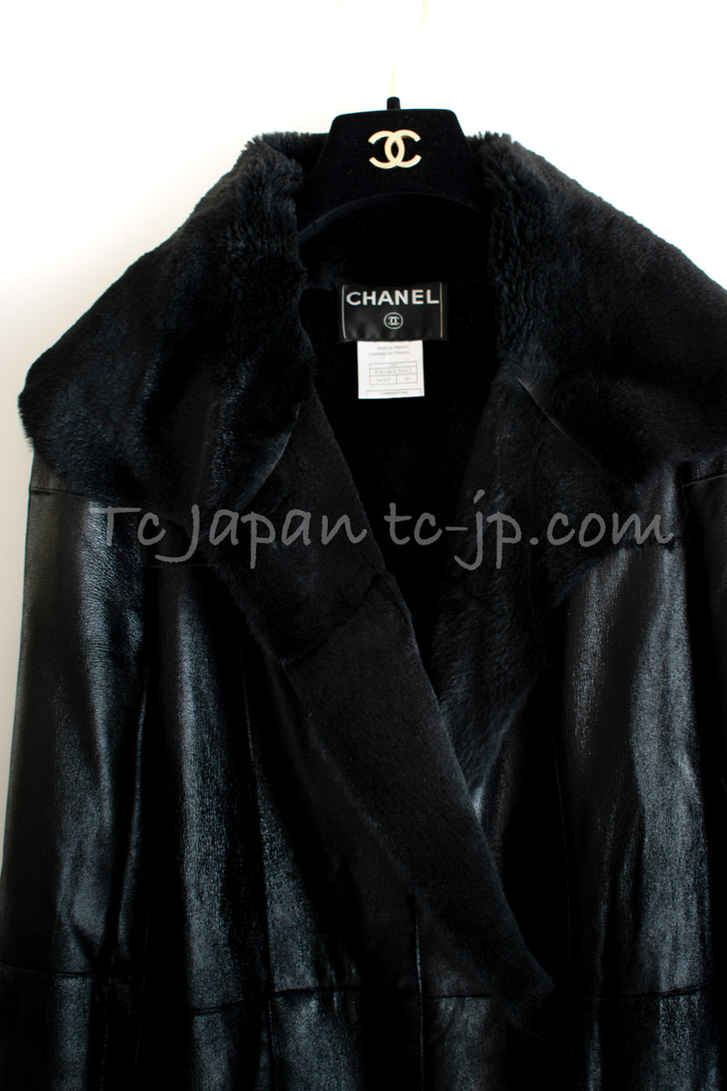 CHANEL 05A Black Rabbit Lapan Leather Jacket Coat 40 42 シャネル ブラック レザー ラビットファー ラパン ジャケット コート 即発