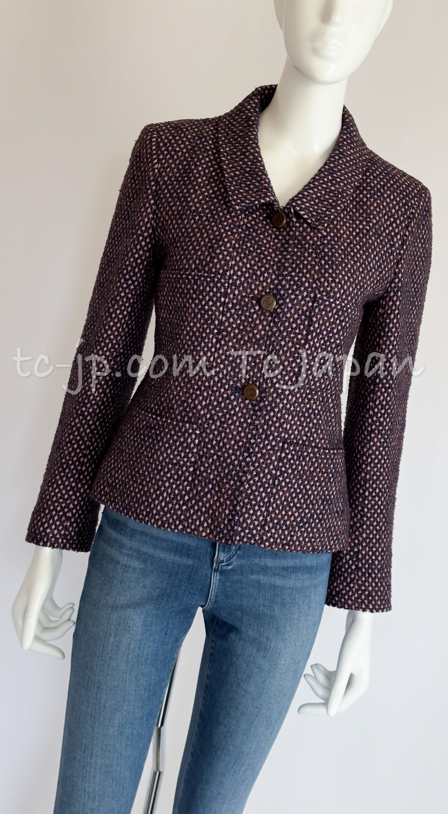 CHANEL 98A Vintage Purple Navy Wool Silk Tweed Jacket 38 シャネル ヴィンテージ パープル ネイビー ウール シルク ツイード ジャケット 即発