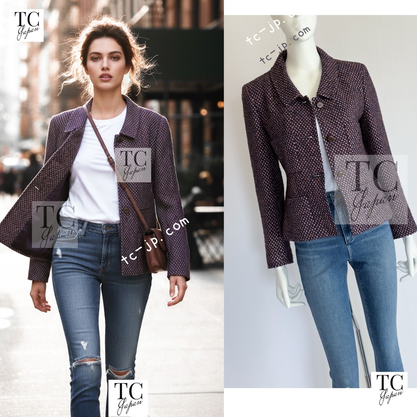 CHANEL 98A Vintage Purple Navy Wool Silk Tweed Jacket 38 シャネル ヴィンテージ パープル ネイビー ウール シルク ツイード ジャケット 即発