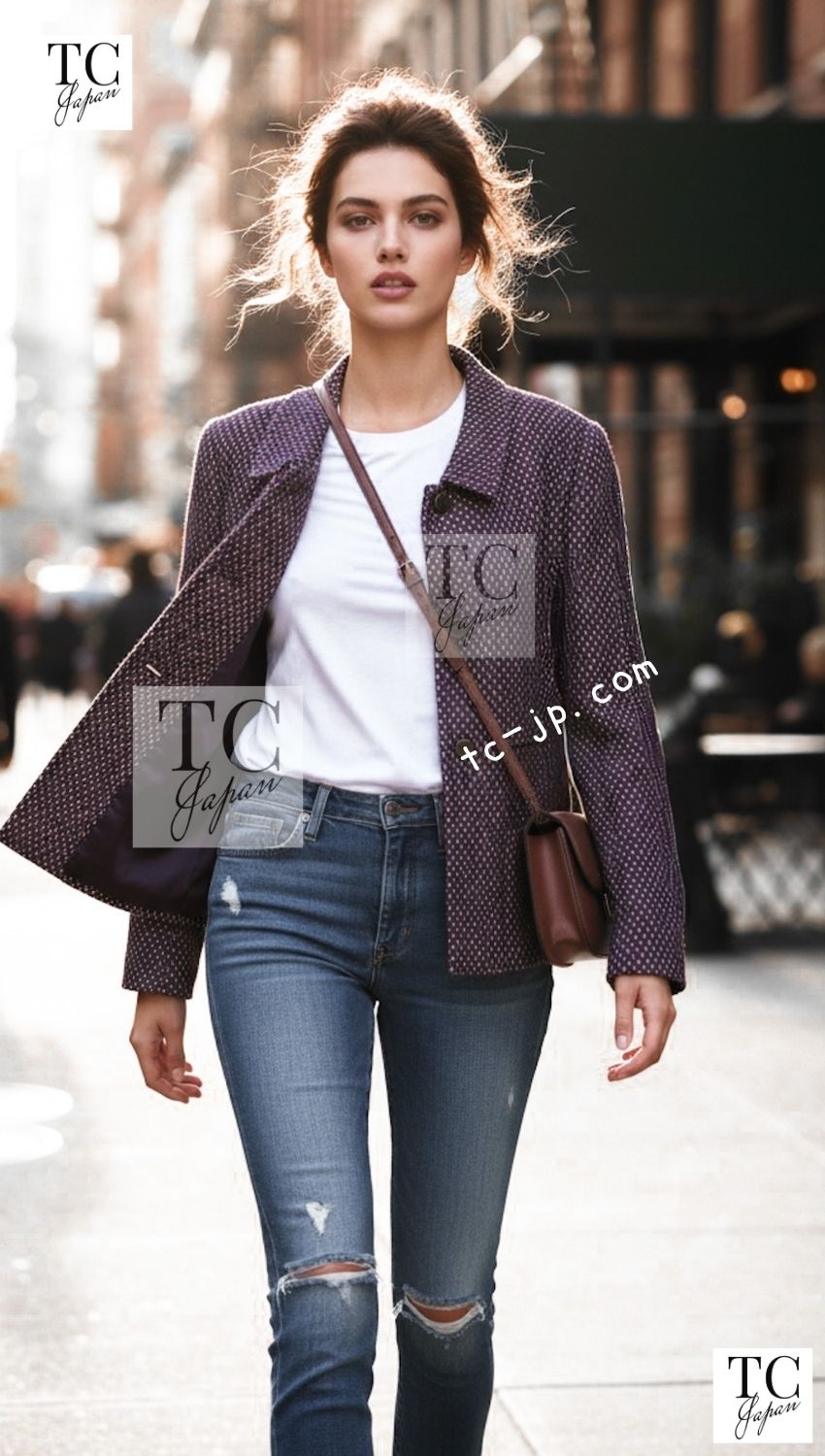 CHANEL 98A navy purple vintage tweed silk wool women's jacket 1