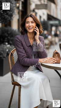 CHANEL 98A Vintage Purple Navy Wool Silk Tweed Jacket 38 シャネル ヴィンテージ パープル ネイビー ウール シルク ツイード ジャケット 即発
