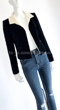 CHANEL 03A Black Ivory Collar Velvet Cotton Jacket 38 シャネル ブラック アイボリー 襟 ベルベット コットン ジャケット 即発
