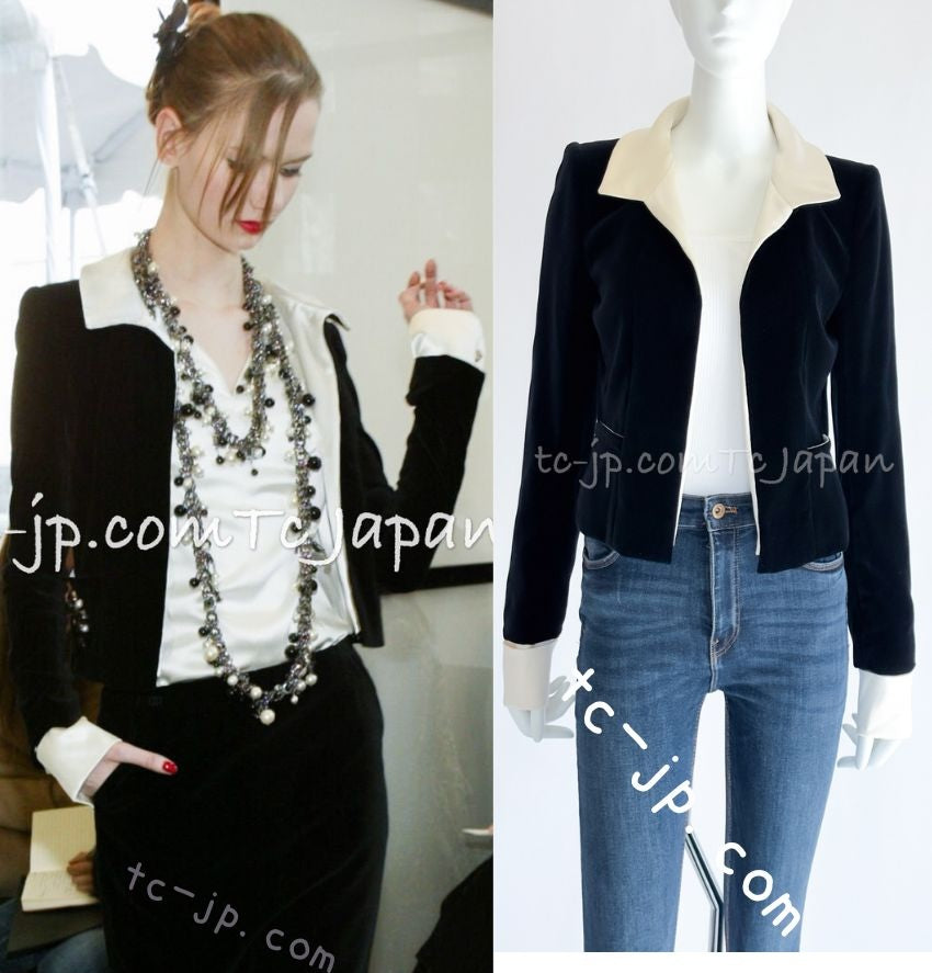 CHANEL 03A Black Ivory Collar Velvet Cotton Jacket 38 シャネル ブラック アイボリー 襟 ベルベット コットン ジャケット 即発 - TC JAPAN