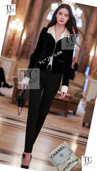 CHANEL 03A Black Ivory Collar Velvet Cotton Jacket 38 シャネル ブラック アイボリー 襟 ベルベット コットン ジャケット 即発