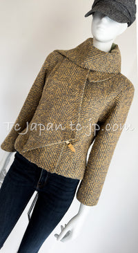 CHANEL 00A Vintage Yellow Beige Gold Gray Wool Zipper Jacket with Scarf 38 40 シャネル ヴィンテージ イエローベージュ ゴールド グレー ジッパー ウール ツイード ジャケット 即発