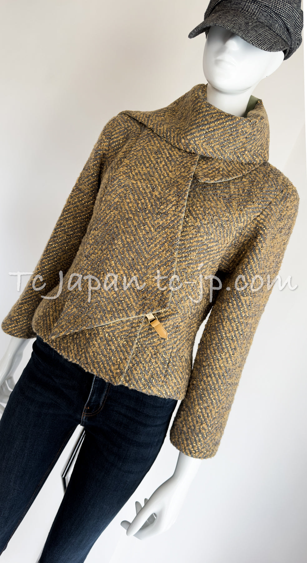 CHANEL 00A Vintage Yellow Beige Gold Gray Wool Zipper Jacket with Scarf 38 40 シャネル ヴィンテージ イエローベージュ ゴールド グレー ジッパー ウール ツイード ジャケット 即発