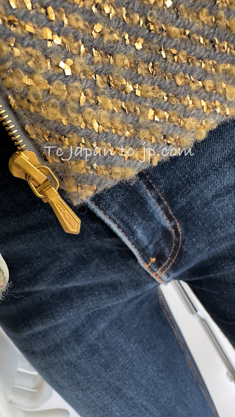 CHANEL 00A Vintage Yellow Beige Gold Gray Wool Zipper Jacket with Scarf 38 40 シャネル ヴィンテージ イエローベージュ ゴールド グレー ジッパー ウール ツイード ジャケット 即発