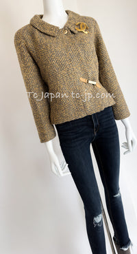 CHANEL 00A Vintage Yellow Beige Gold Gray Wool Zipper Jacket with Scarf 38 40 シャネル ヴィンテージ イエローベージュ ゴールド グレー ジッパー ウール ツイード ジャケット 即発